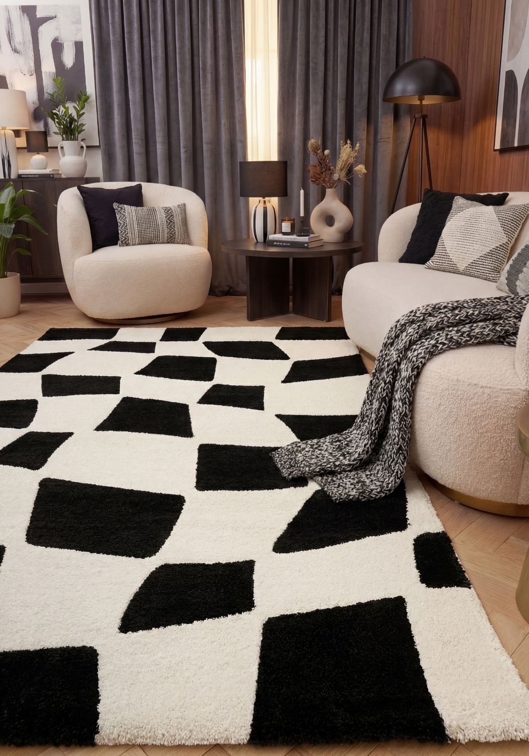 Checkered Wavy Rug – Modern Decorative Floor Rug for Living Room, Bedroom & Lounge