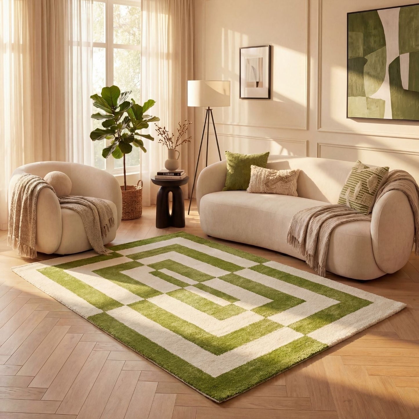 Joli Geometric Green & White Rug