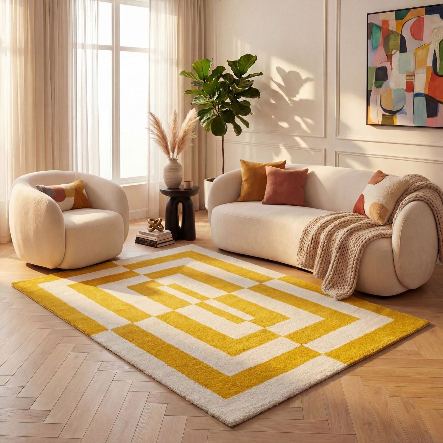 Joli Geometric Yellow & White Rug