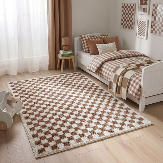 Checkered Shaggy Rug – Plush Decorative Floor Rug for Living Room, Bedroom & Hallway